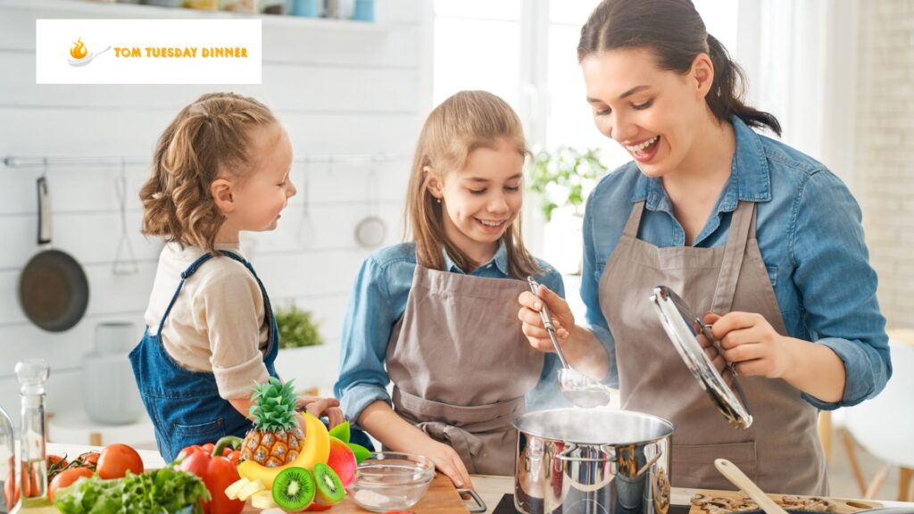 Parent and child in a kitchen filled with colorful fruits and vegetables, engaging in a positive interaction about food choices.