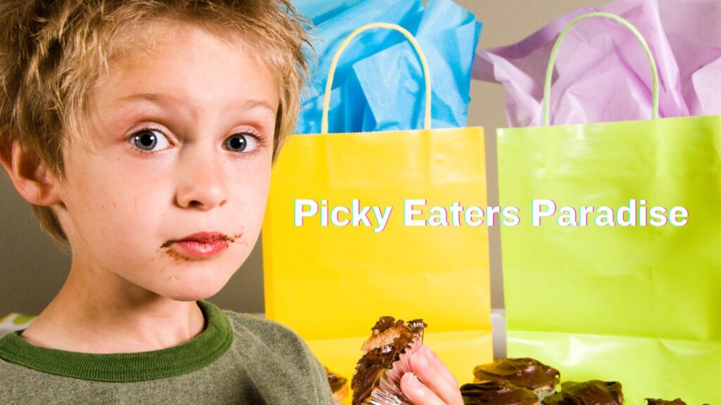 A child holding a partially eaten chocolate bar with colorful gift bags in the background and the text “Picky Eaters Paradise.”