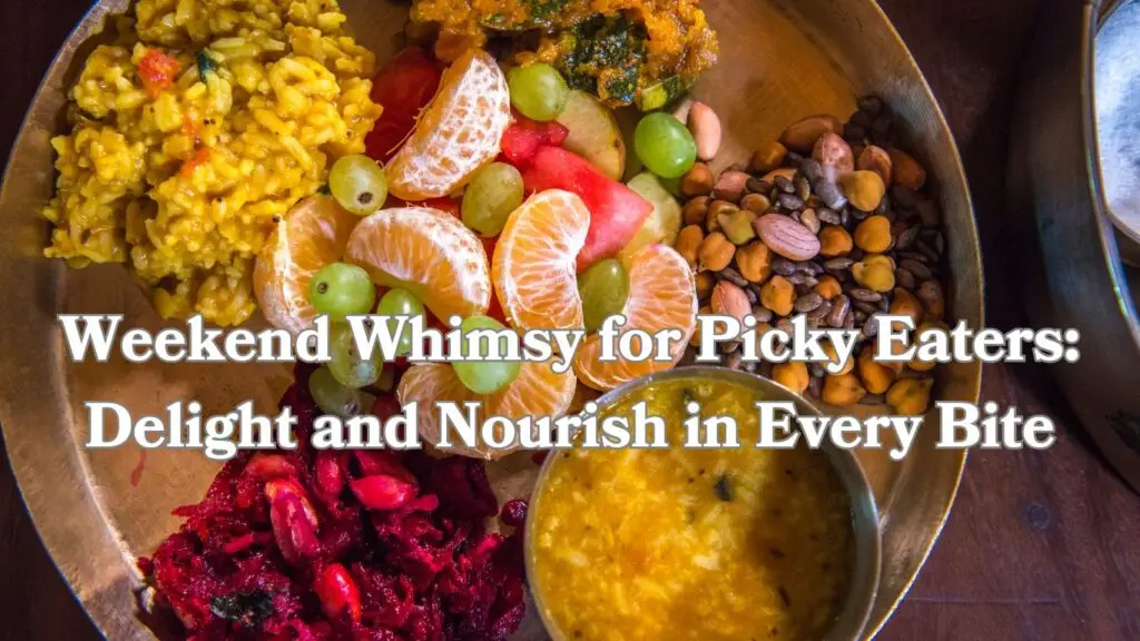 A colorful array of various foods arranged on a wooden table, suggesting a meal for picky eaters.