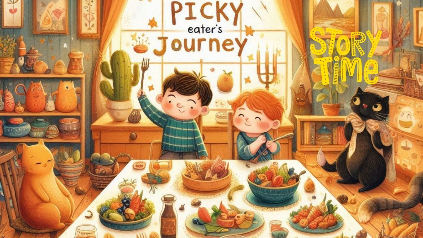 A warm and inviting dinner scene featuring a family gathered around a table. A child with a hesitant expression sits before a plate of food, while an encouraging parent and siblings engage in lively conversation.
