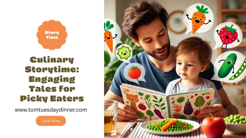 A person and a child reading a book about vegetables, surrounded by cartoon illustrations of various vegetables.