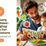 A person and a child reading a book about vegetables, surrounded by cartoon illustrations of various vegetables.