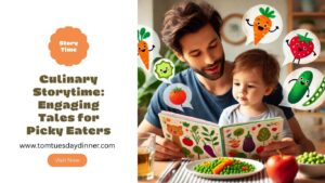 A person and a child reading a book about vegetables, surrounded by cartoon illustrations of various vegetables.