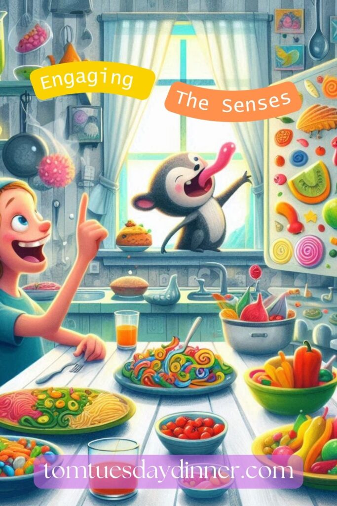 A playful and vibrant kitchen scene featuring a child with an uncertain expression, surrounded by animated, colorful dishes that seem to invite them to take a bite.