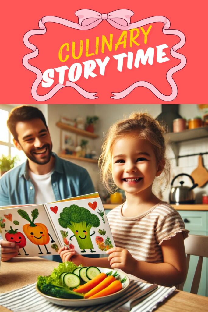 A child and an adult reading a colorful book about vegetables, with a plate of fresh vegetables in front of them. A banner at the top reads "Culinary Story Time."