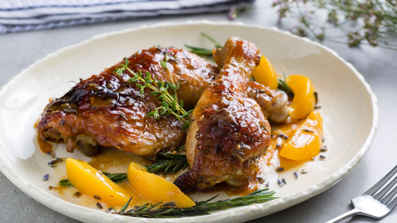 Glazed chicken with peach slices and rosemary garnish on a textured plate