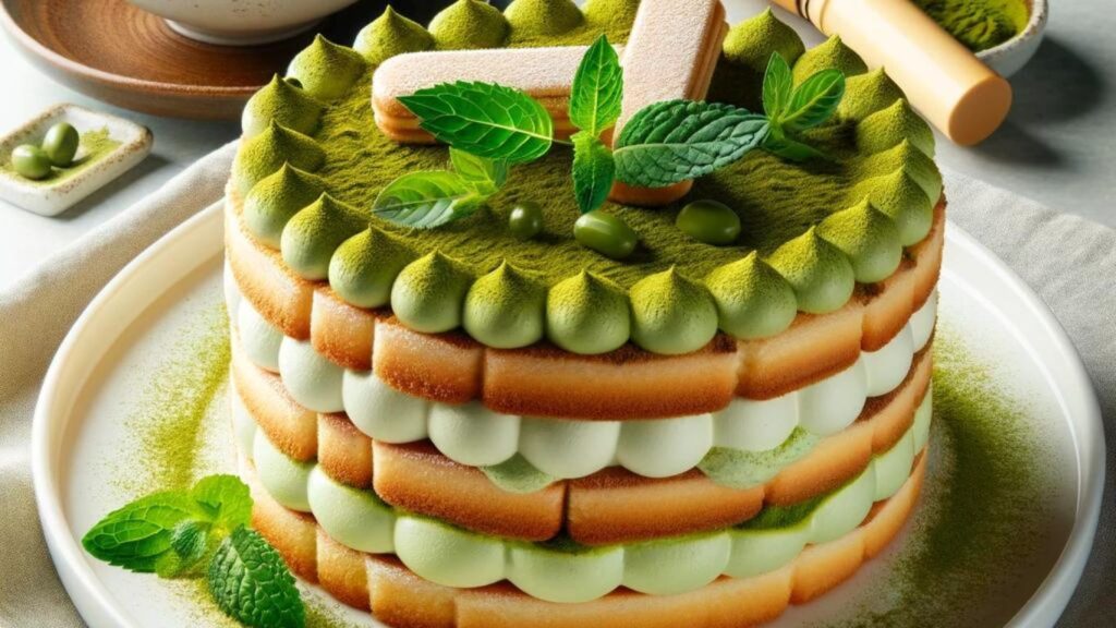 A beautifully layered matcha tiramisu cake decorated with green matcha powder, mint leaves, and green beans, placed on a white plate with matcha utensils in the background.