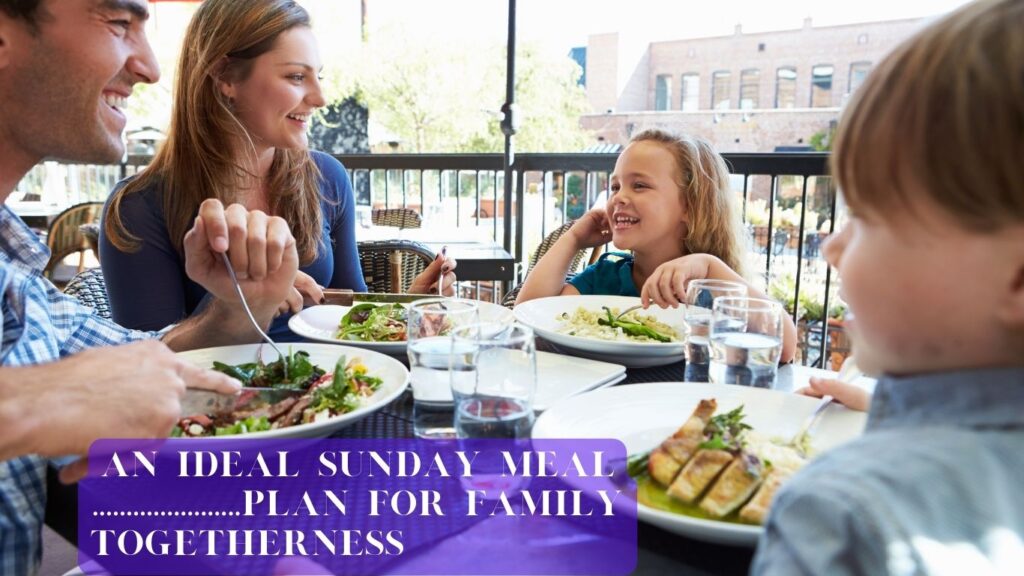 A happy family enjoying a Sunday meal together around a table.