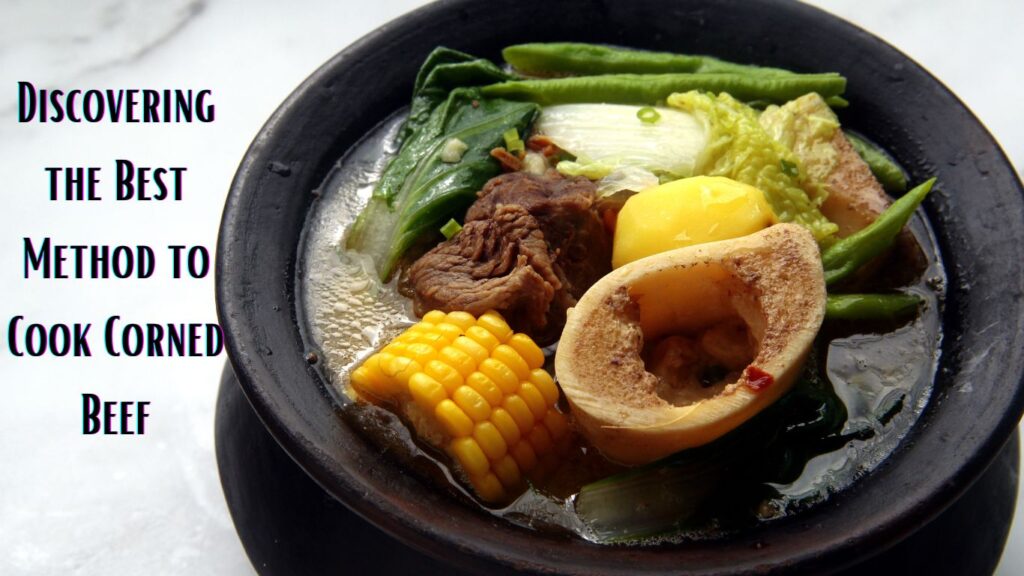 A bowl of cooked corned beef with vegetables and a piece of corn.