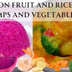 A vibrant dish of Dragon Fruit and Rice with Shrimps and Vegetables, showcasing a bowl of pink rice, raw vegetables, and a saucy shrimp stir-fry.