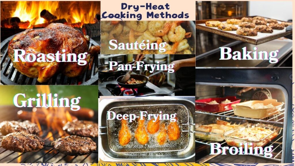 Various dry heat cooking methods including roasting, sautéing, baking, grilling, pan-frying, deep-frying, and broiling.