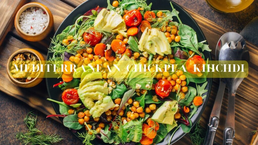 A vibrant Mediterranean Chickpea Khichdi salad with avocado slices, cherry tomatoes, chickpeas, and herbs in a bowl.