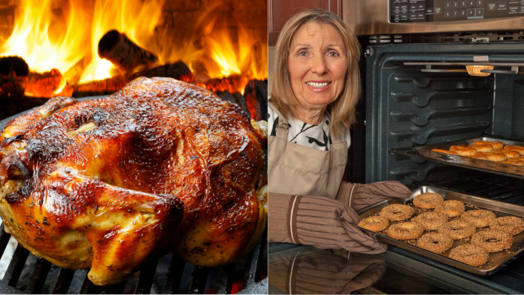 A roasted chicken on a grill and baked goods being removed from an oven.