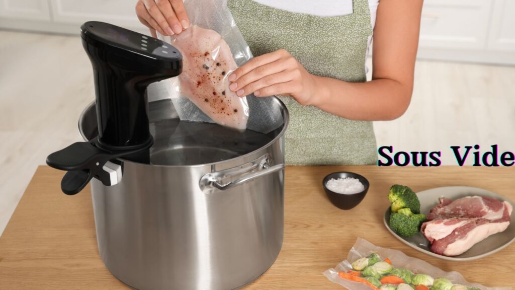 A chef sous vides meat in a water bath with precision cooking equipment.