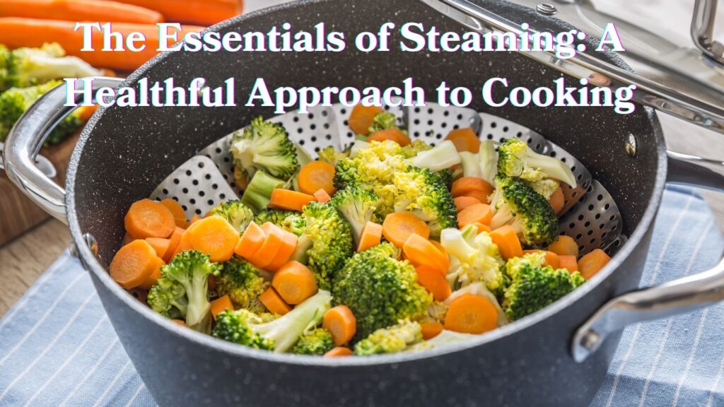 A steamer basket full of colorful vegetables emitting steam, symbolizing healthy cooking.