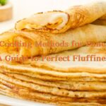 A stack of pancakes with one folded over to show the inside, on a plate with text overlay.