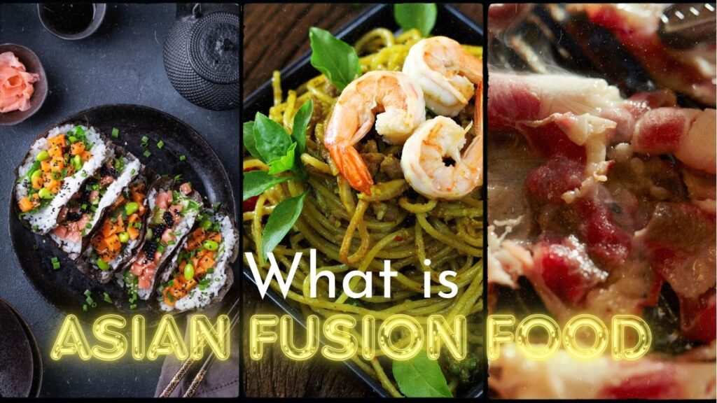 Three dishes representing Asian fusion food: sushi tacos, Thai spaghetti with shrimp, and Korean BBQ meat.