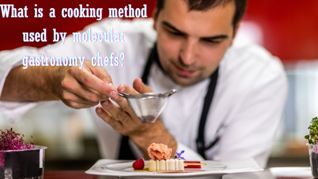 Chef preparing a molecular gastronomy dessert, with intricate plating and colorful garnishes.