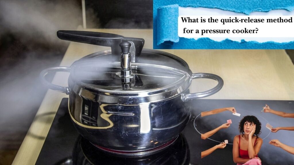 Stainless steel pressure cooker releasing steam on a stove