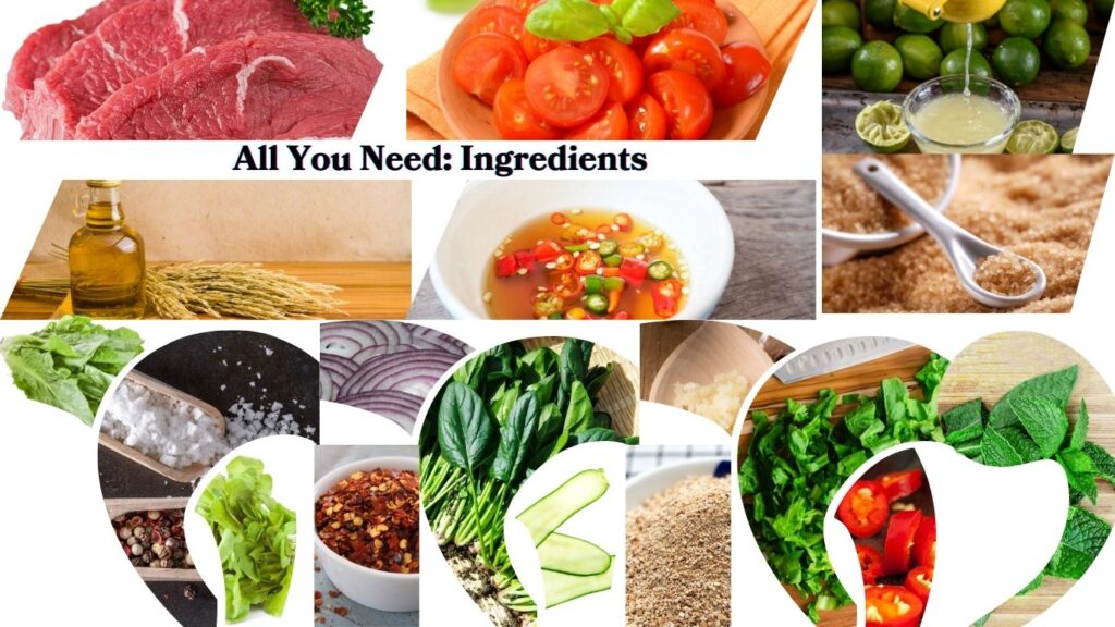 A collage of various fresh food ingredients including meats, vegetables, grains, and spices with the text ‘All You Need: Ingredients’ at the top center.