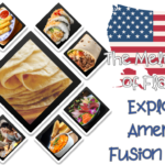 A collage featuring various fusion dishes such as sushi burrito, Thai pizza, and chorizo egg rolls, set against a backdrop of the United States map with an American flag overlay. The text reads "The Melting Pot of Flavors: Exploring American Fusion Cuisine."