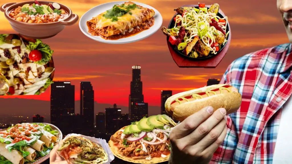 A collage of popular Los Angeles food trends, featuring dishes like enchiladas, hot dogs, tacos, salads, and fusion cuisine, set against the backdrop of the LA skyline at sunset.