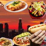 A collage of popular Los Angeles food trends, featuring dishes like enchiladas, hot dogs, tacos, salads, and fusion cuisine, set against the backdrop of the LA skyline at sunset.