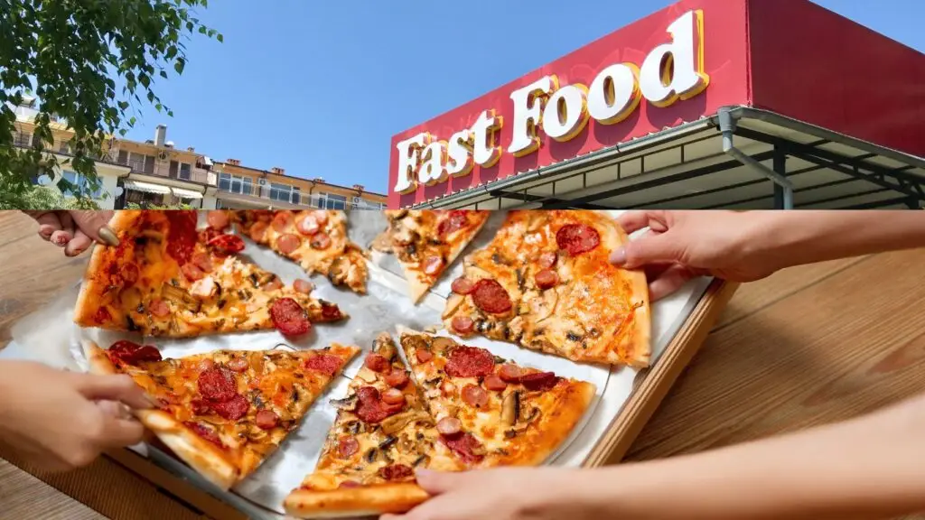 Fast food restaurant sign with people sharing a pizza.