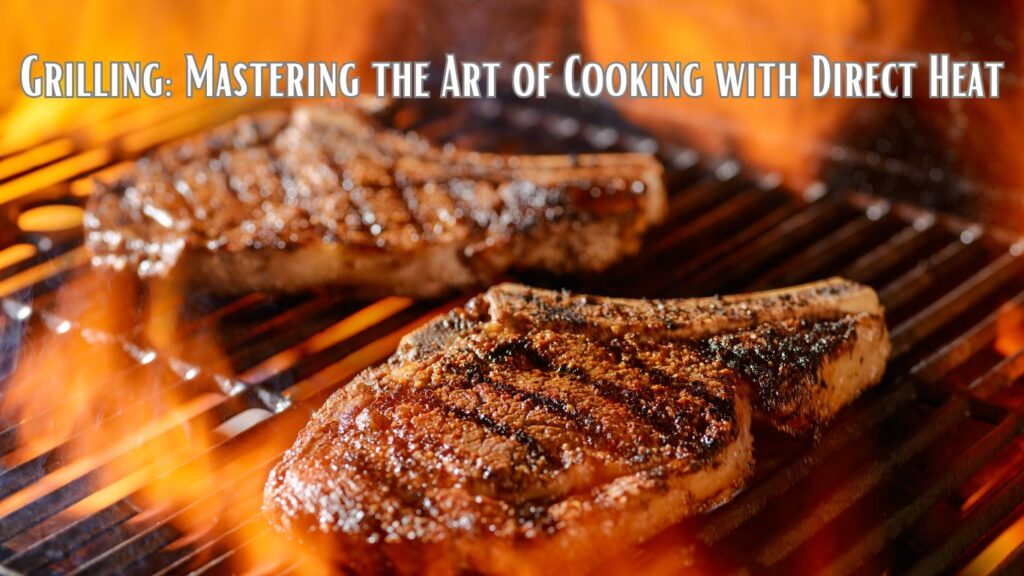 Two steaks with grill marks cooking on an open flame grill.