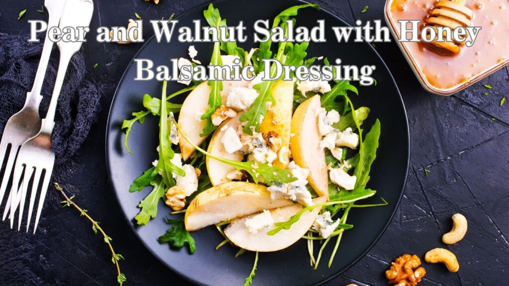 A vibrant image showcasing a plate of pear and walnut salad topped with crumbled cheese, accompanied by a fork and a small bowl of honey balsamic dressing on the side, set against a dark background.