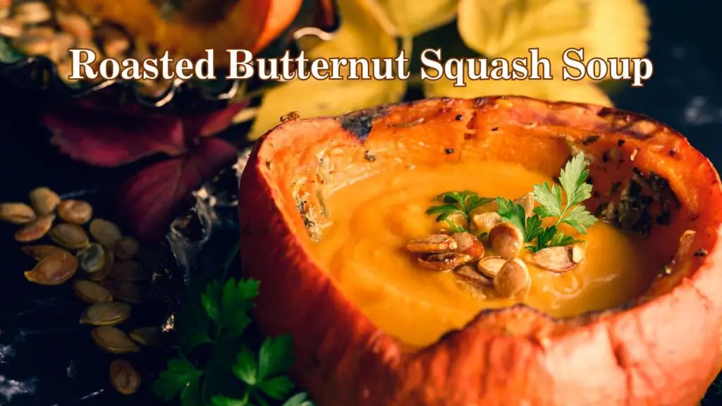 A vibrant image showcasing a bowl made from roasted butternut squash filled with creamy soup, garnished with parsley and toasted seeds, surrounded by ingredients and a title text overlay.