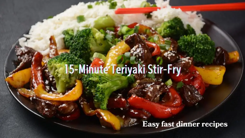 A colorful plate of 15-Minute Teriyaki Stir-Fry with rice, broccoli, bell peppers, and beef on a black plate with chopsticks on the side.