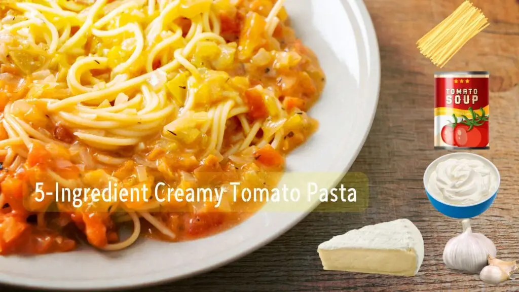 A plate of creamy tomato pasta topped with shredded cheese, next to ingredients including a can of tomato soup, garlic, and cheese.