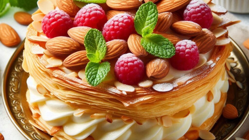 A close-up image of a layered pastry topped with whipped cream, raspberries, almonds, and mint leaves on a decorative plate.