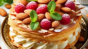 A close-up image of a layered pastry topped with whipped cream, raspberries, almonds, and mint leaves on a decorative plate.