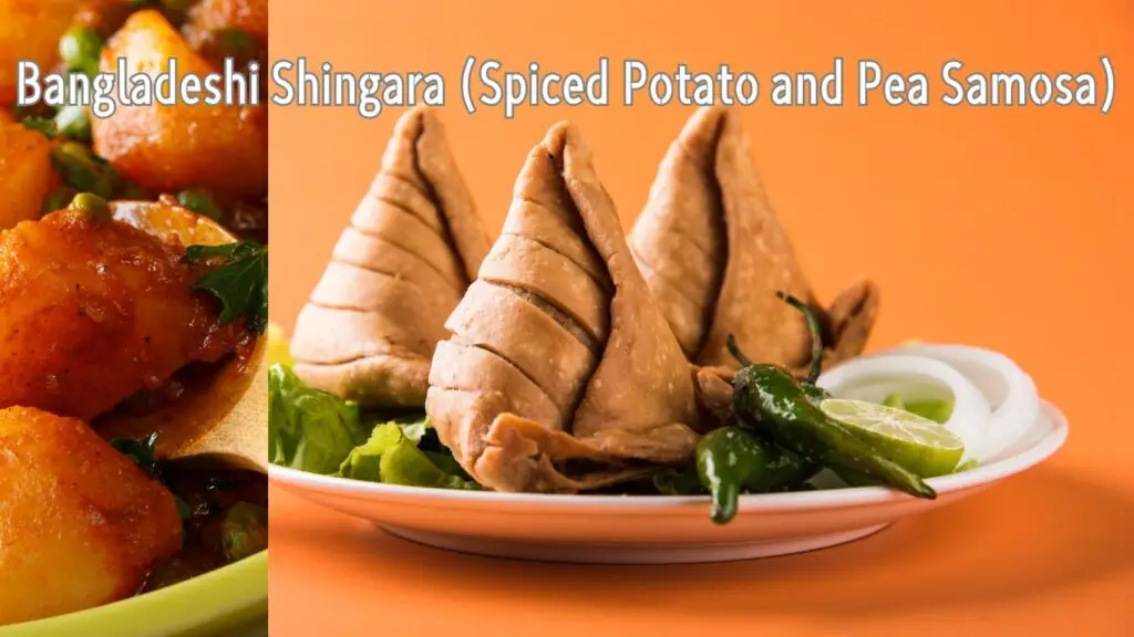 A plate of Bangladeshi Shingara, which are spiced potato and pea samosas, accompanied by green chilies, sliced onions, and a side dish.