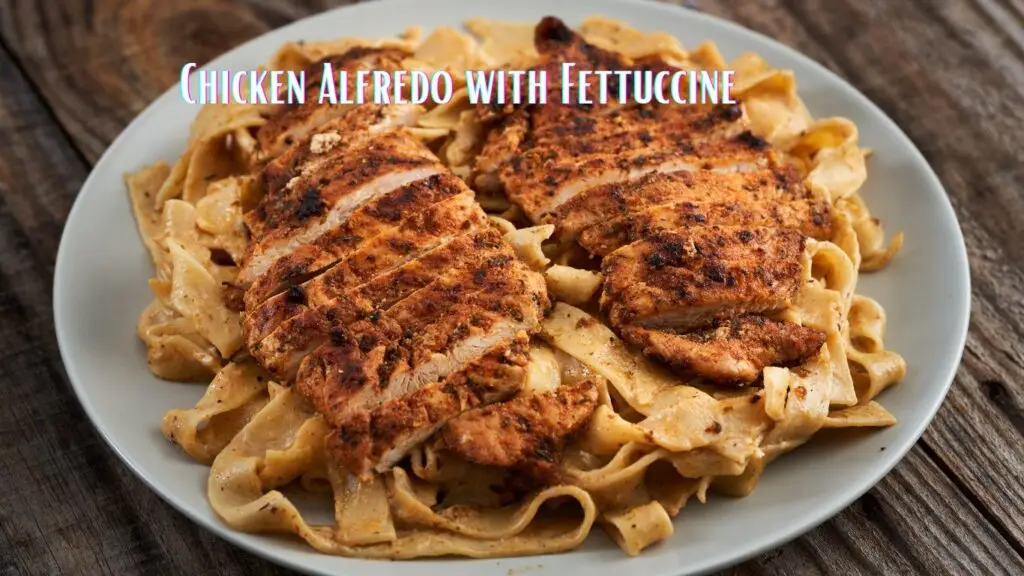 A plate of Chicken Alfredo with Fettuccine featuring two grilled chicken breasts on top of creamy fettuccine pasta.