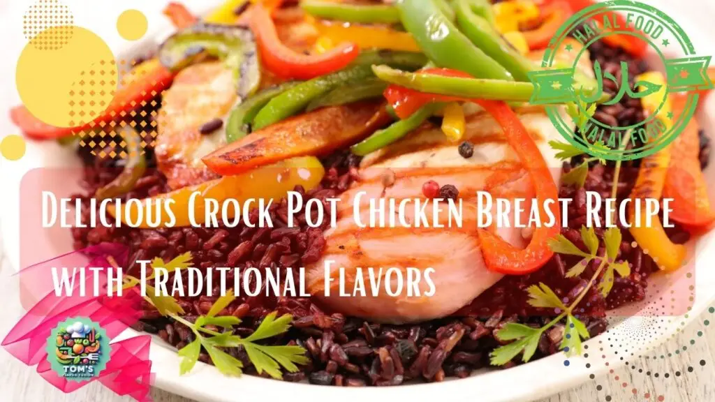 A colorful dish of crock pot chicken breast with traditional flavors, served on a bed of black rice and garnished with sliced bell peppers.