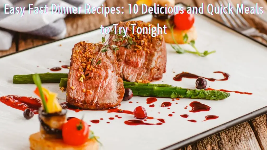 A plate of gourmet food featuring two pieces of steak with grill marks, asparagus, and artistic drizzles of sauce.