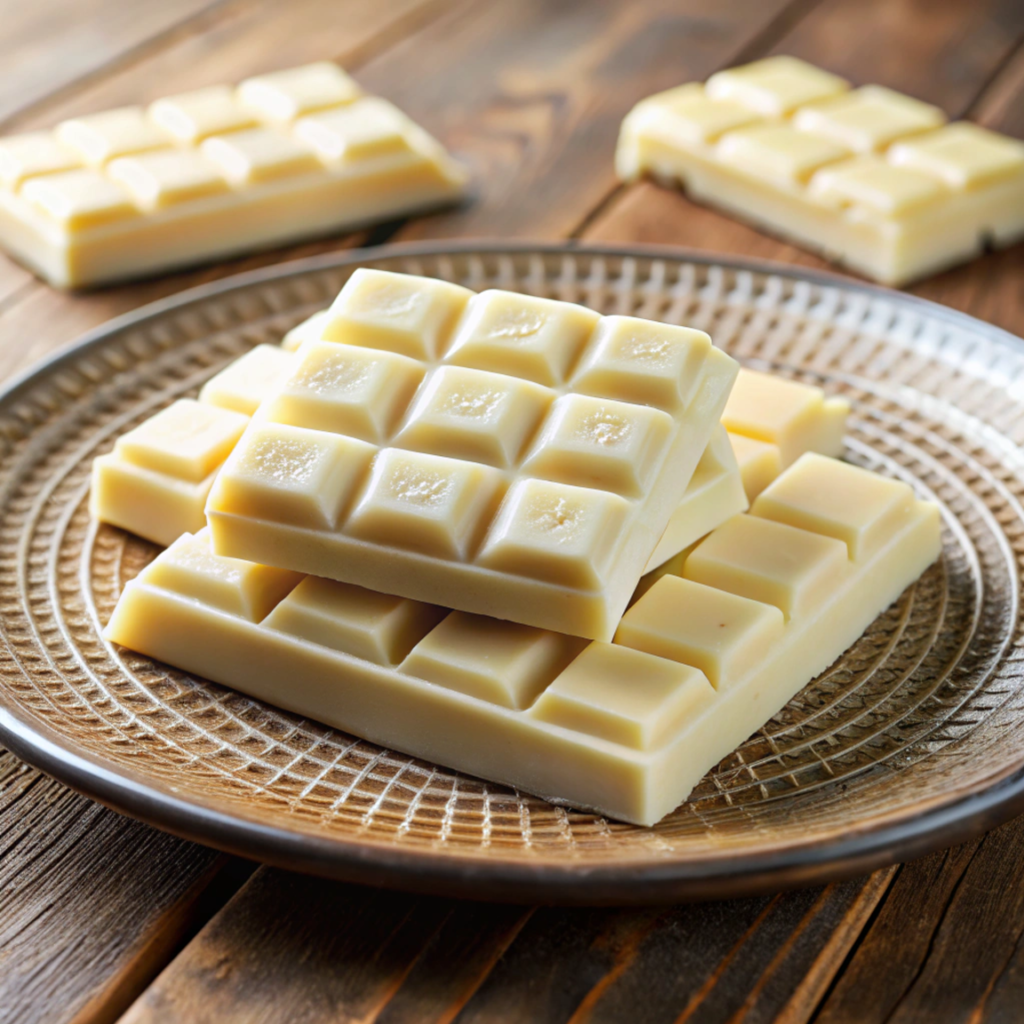 A stack of white chocolate bars on a brown plate with a woven pattern.