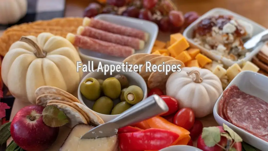 A spread of various appetizers including cheeses, meats, fruits, and olives with small pumpkins and autumn leaves, labeled “Fall Appetizer Recipes.”