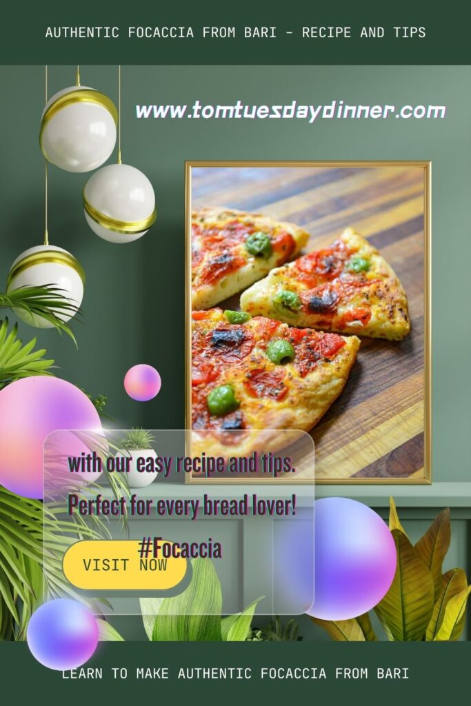 Advertisement for authentic focaccia from Bari with recipe and tips, featuring a close-up of focaccia slices and a link to www.tomtuesdaydinner.com.