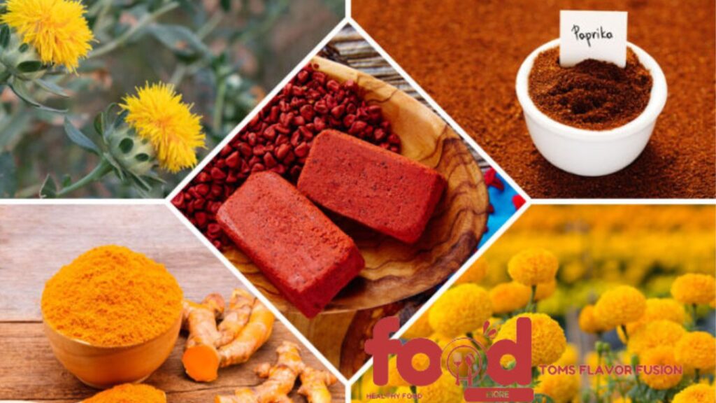 A collage of images showing various spices and their sources, including safflower flowers, annatto seeds and blocks, paprika powder, turmeric roots and powder, and marigold flowers.