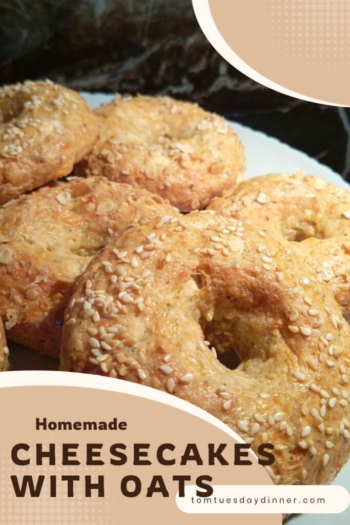 Close-up of homemade cheesecakes with oats topped with sesame seeds on a white plate. The image is overlaid with text that reads "Homemade Cheesecakes with Oats" and "tomtuesdaydinner.com."