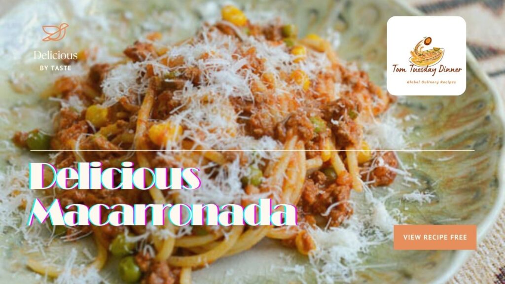 A plate of macaroni pasta topped with a rich meat sauce and grated cheese, with text promoting a free recipe.