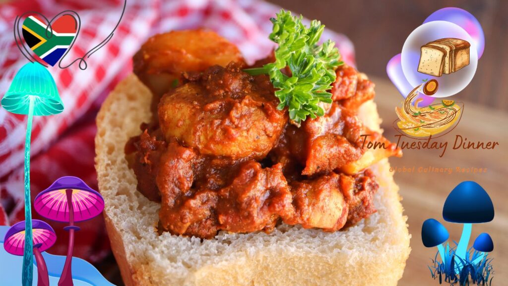 A rustic bread bowl filled with spiced mushroom curry, garnished with fresh coriander, showcasing South Africa’s vegetarian Mushroom Bunny Chow.