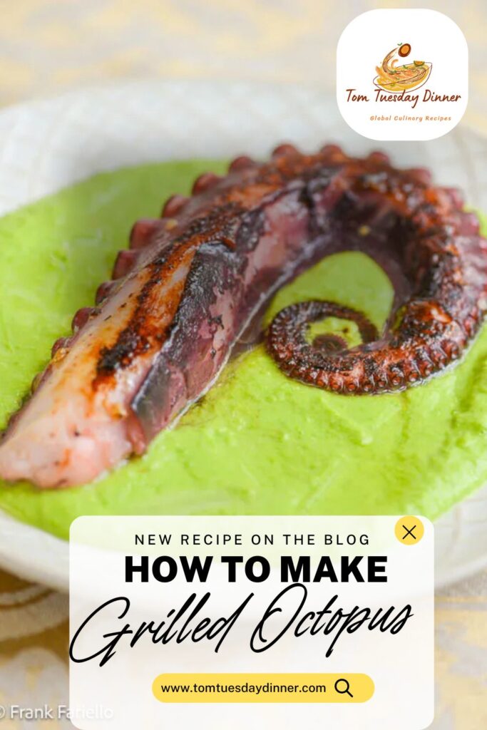 Grilled octopus served on a creamy green pea purée, highlighting a gourmet seafood dish with rich colors and textures.