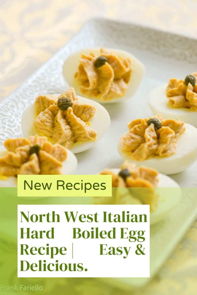 A close-up of a plate of deviled eggs garnished with capers. The text overlay reads "New Recipes" and "North West Italian Hard Boiled Egg Recipe | Easy & Delicious."