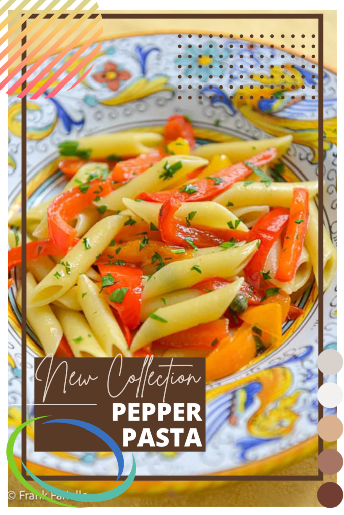 A colorful plate of penne pasta with red and yellow bell peppers, garnished with fresh herbs. The text "New Collection PEPPER PASTA" is overlaid on the image.