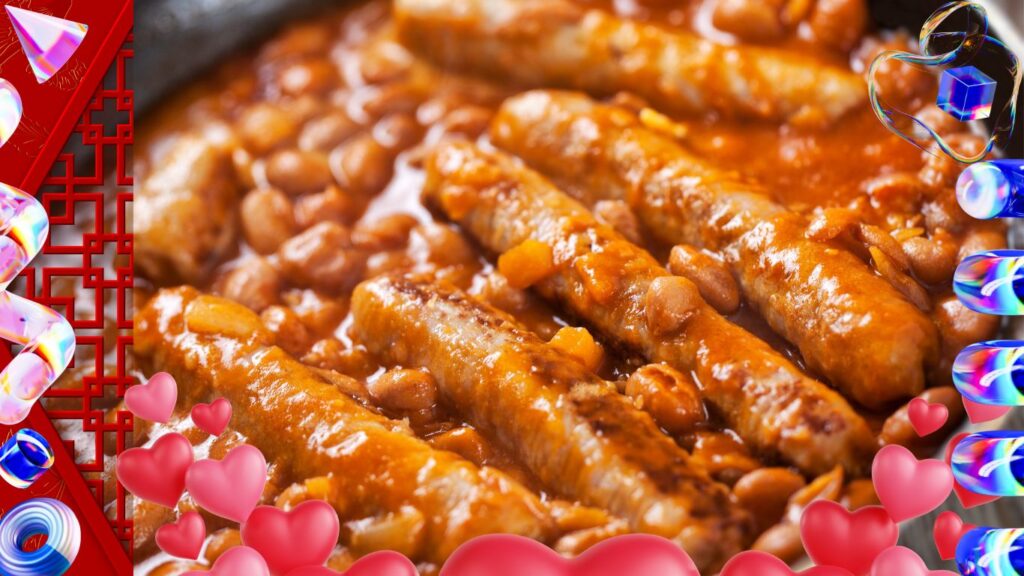 A hearty bowl of sausage and beans in a rich tomato-based sauce, garnished with fresh parsley and served with crusty bread.